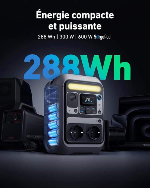 Anker SOLIX C300 station électrique portable, batterie LiFePO4 288 Wh, générateur solaire 300 W (pic 600 W), recharge bilatérale 140 W, camping, voyages et urgences (panneau solaire en option)