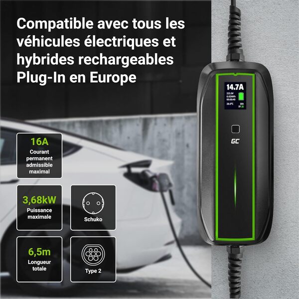 Green Cell EV Chargeur Voiture Electrique Type 2 Cable Schuko pour EV PHEV 10A / 16A 3,68kW 6,5m Écran LCD Portable Wallbox Compatible avec Model 3/S/X/Y, e-208, 500e, Megane E-Tech, Zoe, ID.4, EV6
