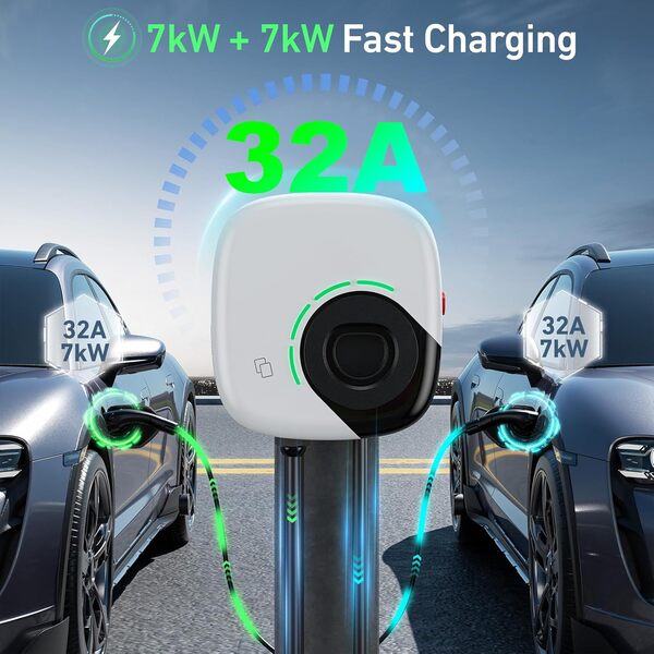 Evjuicion Borne de Recharge Vehicule Electrique 7kW+7kW Monophasé 32A Rapide, Wallbox avec Deux Connecteurs Femelles Cable de 5M +5M Cable Charger Deux Voitures Simultanément