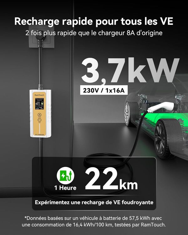 Chargeur Voiture Électrique (3,7 KW, 6,5 m, Type 2, Schuko) - Câble Recharge avec Ampérage Réglable 6A-16A, Charge Différée et Programmée, Borne de Recharge Mobile pour EV et PHEV