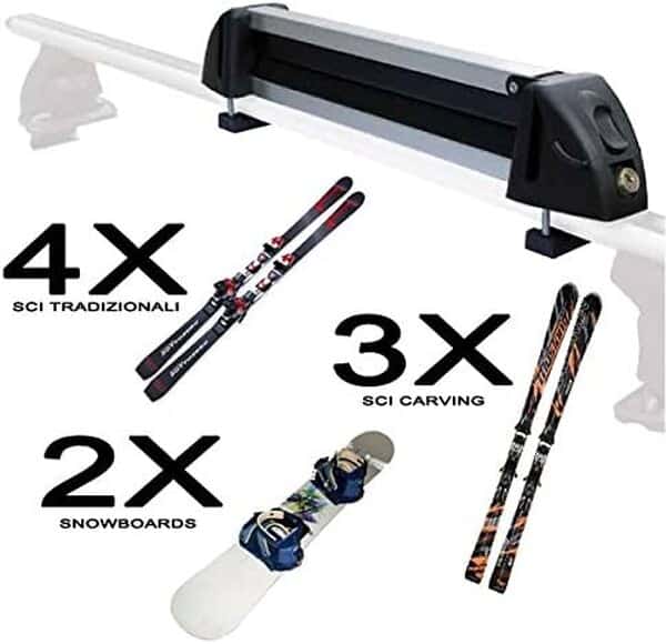 Barres de toit en aluminium + porte-skis (4 paires ou 2 snowboards) pour JEEP RENEGADE à partir de 2014 avec rails ouverts