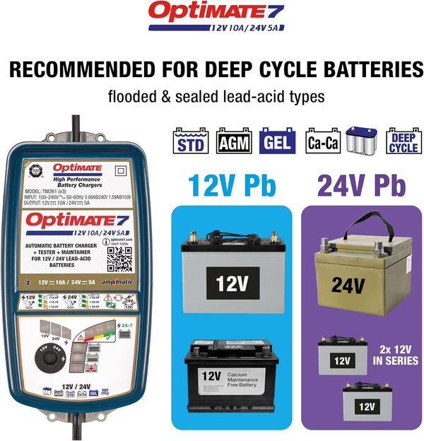 Optimate 7 12V 10-Amp / 24V 5-Amp 8-step 12V 10A véritable chargeur et mainteneur
