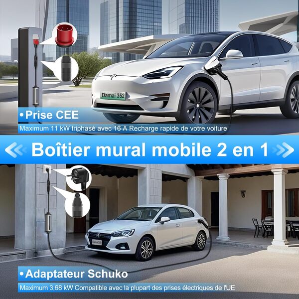 GONEO Station de Recharge pour Véhicule Électrique Wallbox 11kw [7m 8-16A Triphasé] avec Prise (Schuko + CEE）Courant Réglable 2-8H Minuterie IP66 IK10 Portable Borne de Recharge Mobile pour EV et PHEV