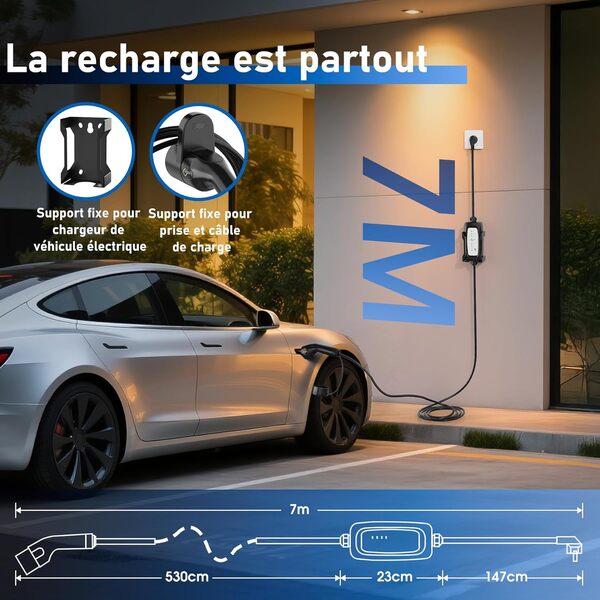 Chargeur Voiture Electrique 3,6kW 7M | Réglable 6/10/13/16A | Câble Recharge Type 2 Compatible ID.3/ID.4, Model 3/Y, Zoe, e-208, Spring, et Autres EV et PHEV