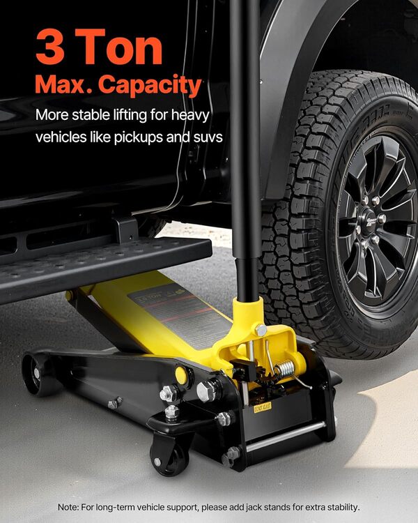 VEVOR Cric Rouleur 3 tonnes, Cric de Plancher Hydraulique à Profil Bas Hauteur de Levage 130-500 mm, en Acier Robuste, avec Pompe de Levage Rapide à Piston Unique, pour Lever Camion SUV Atelier