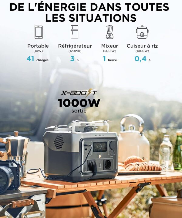 Station électrique portable ECOFLOW RIVER 2 MAX, batterie LiFeP04, 512 Wh charge rapide en 1 heure, sortie 1000 W avec X-boost, générateur solaire pour extérieur, camping-cars,domestique,balcon