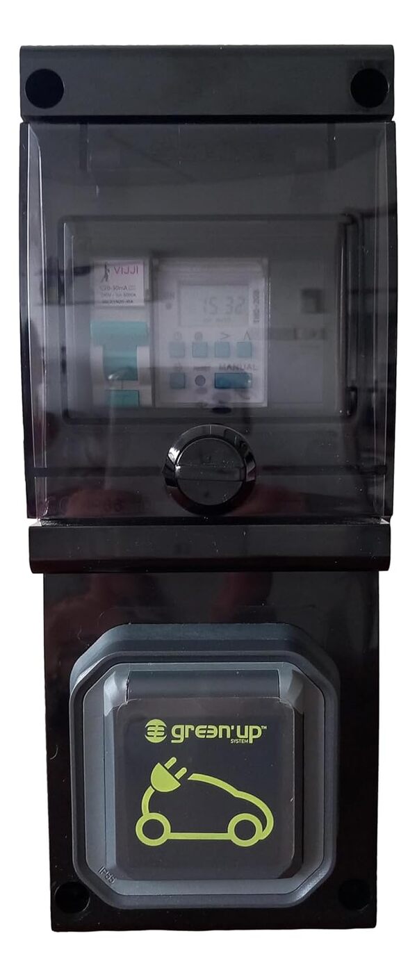 Carré Rouge - Borne de Recharge Mobile avec Horloge, Prise Green’Up Legrand, Protections et Disjoncteur Différentiel 20A - IP44, Étanche - 11 x 28 x 9,5 cm