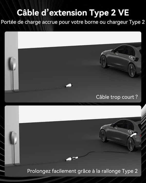 RamTouch Câble de Rallonge Type 2 (32 A, 7,4 KW, 8 m, Monophasé) - Câble d'Extension Compatible avec Les Chargeurs, Wallboxes et Bornes de Recharge pour Véhicules Électriques (VE) et Hybrides (PHEV)