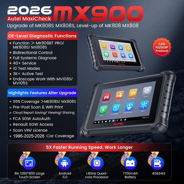Autel MaxiCheck MX900 Valise Diagnostic Auto, 2026 Mêmes Fonctions Que MK900 MK900BT, Version Améliorée de MK808BT MK808S MX808S, 3000+ Tests Actifs, DoIP & Can FD, 40+ Services, Tous Systèmes, 11OS