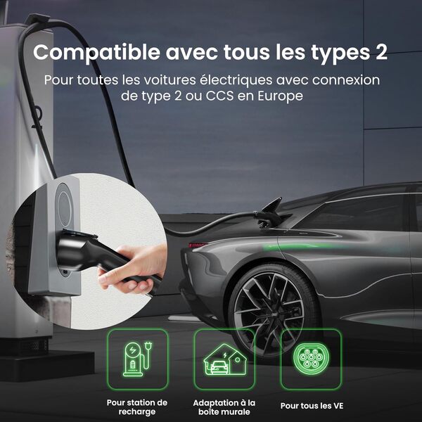 GONEO Câble de Recharge Voiture Électrique Type 2, 22kW/4 Mètres/32A/3 Phase/Mode 3/IP54 Étanche, Recharge Rapide pour Véhicule Electrique Hybride Rechargeable avec Sac De Rangement