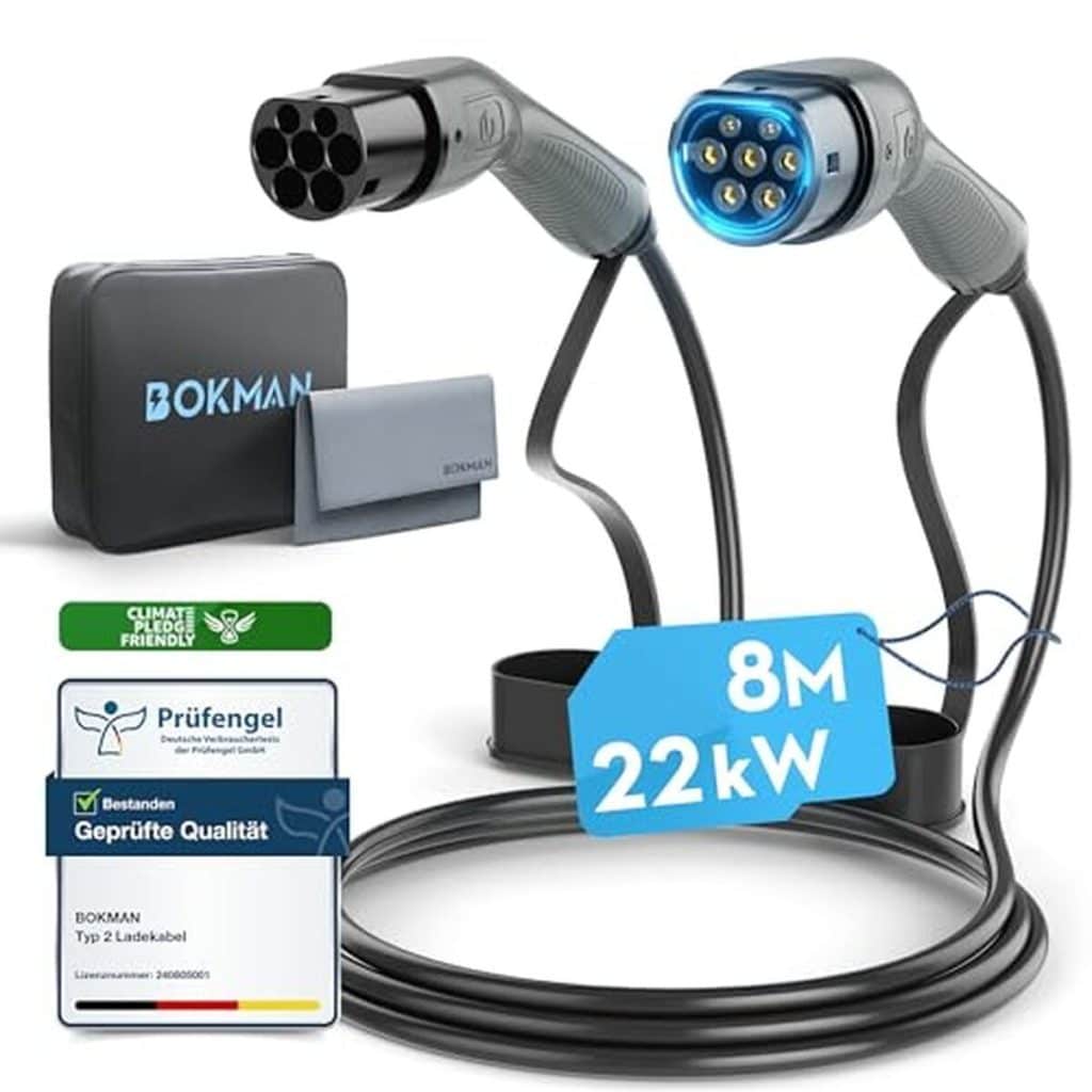 Test du câble de recharge bokman type 2 (22kW, 8m) pour véhicules électriques