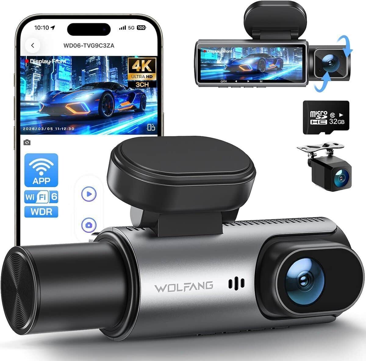 Test : dashcam 4K Wolfang avant-arrière, caméra 3 canaux avec mode parking